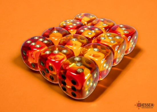 Gemini: 16mm d6 Translucent Red-Yellow/gold Dice Block (12 dice)