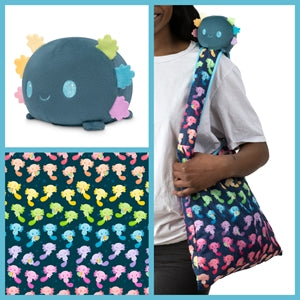 Plushie Tote Bag: Dark Blue Rainbow Axolotls Tote Bag and Blue (Rainbow Gills) Axolotl Plushie