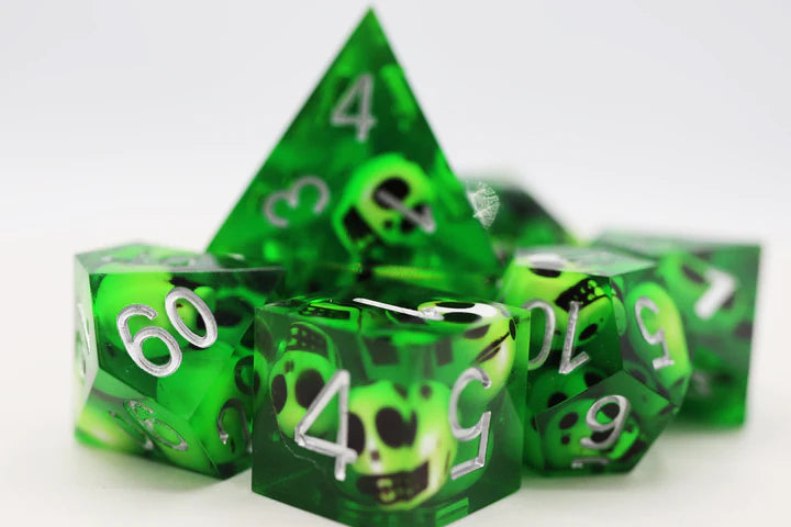 SHARP EDGE RESIN RPG DICE SET - GREEN SKULLS