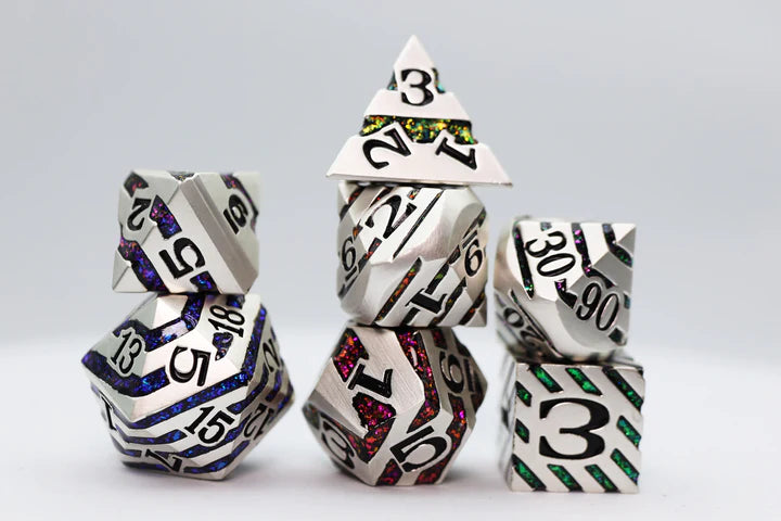 INTO THE MINES: PLATINUM WITH RAINBOW MICA - METAL RPG DICE SET