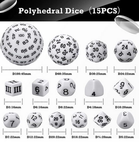 Dice Habit Complete Dice Set (D3-D100) - White (15pcs)