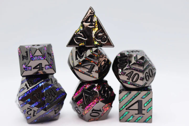 INTO THE MINES: BLACK WITH RAINBOW MICA - METAL RPG DICE SET