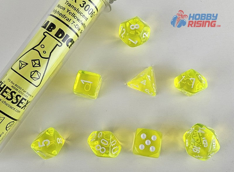 Lab Dice 7: Translucent Polyhedral Neon Yellow/white 7-Die Set (with bonus die)