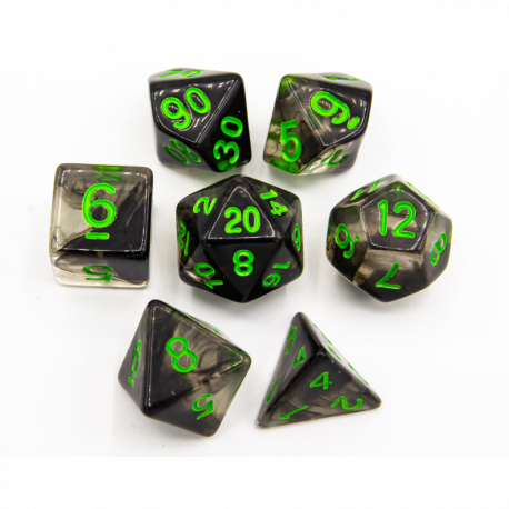 CHC: Black Set of 7 Nebula Polyhedral Dice with Green Numbers for D20 based RPG's
