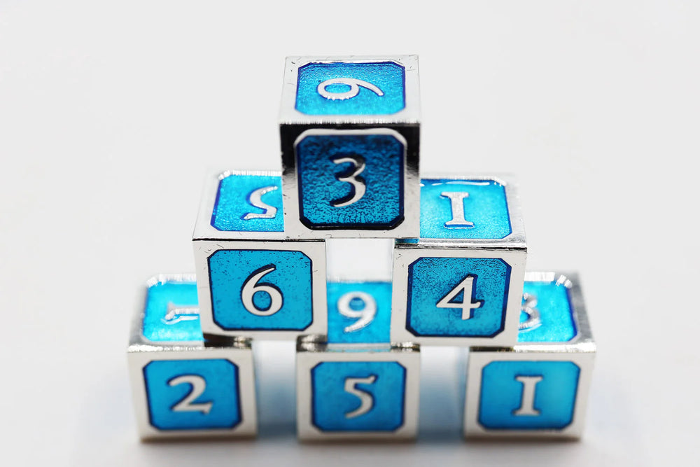 BLUE AND SILVER D6 METAL DICE SET
