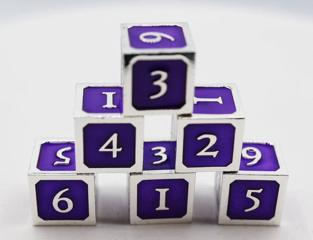 PURPLE AND SILVER D6 METAL DICE SET