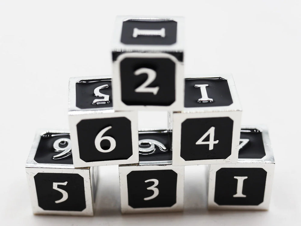 BLACK AND SILVER D6 METAL DICE SET