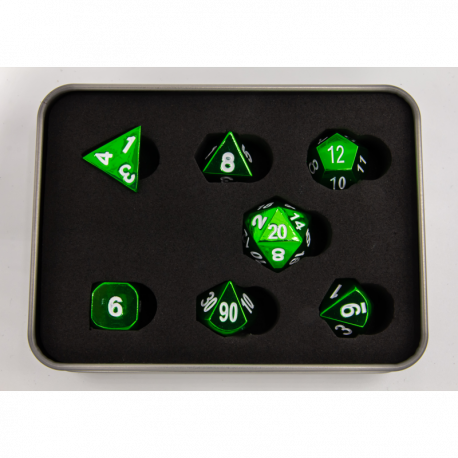 Green Set of 7 Metal Polyhedral Dice with White Numbers for D20 based RPG's