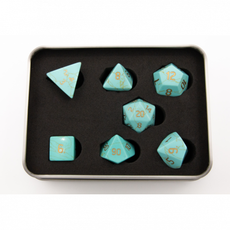 Green Turquoise Set of 7 Gemstone Polyhedral Dice with Gold Numbers for D20 based RPG's