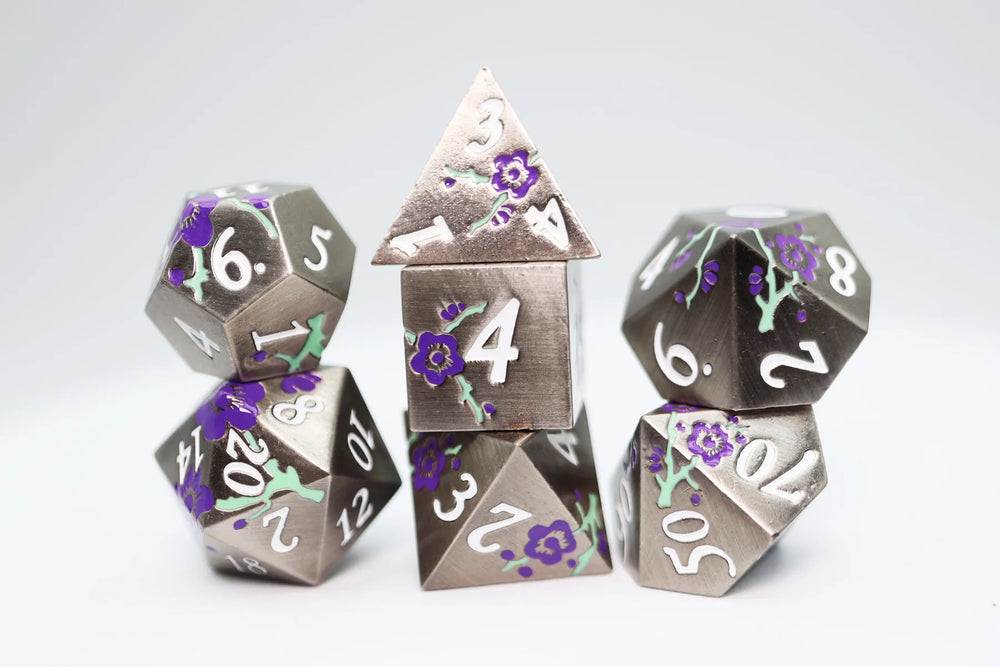 SILVER WITH PURPLE ORCHIDS RPG METAL DICE SET