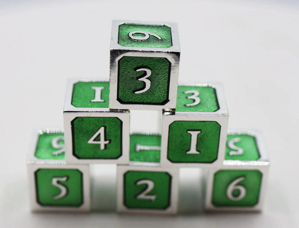 GREEN AND SILVER D6 METAL DICE SET