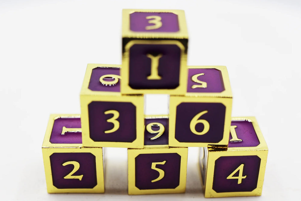 PURPLE AND GOLD D6 METAL DICE SET