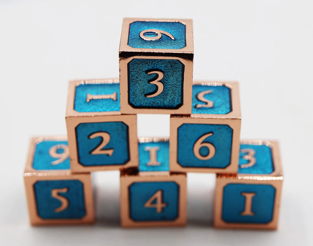 BLUE AND COPPER D6 METAL DICE SET
