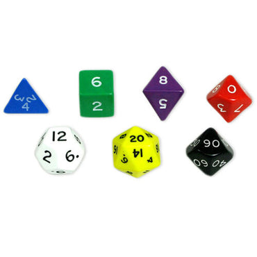 Assorted Colors Jumbo Size 7 Pc Polyhedral Dice Set D4, D6, D8, 2xd10, D12, D20