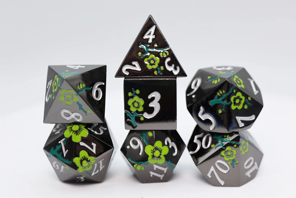BLACK WITH GREEN ORCHIDS RPG METAL DICE SET