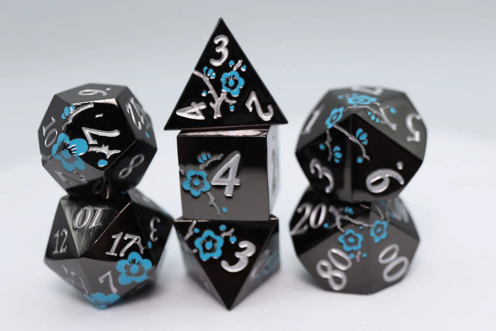 BLACK WITH BLUE ORCHIDS RPG METAL DICE SET