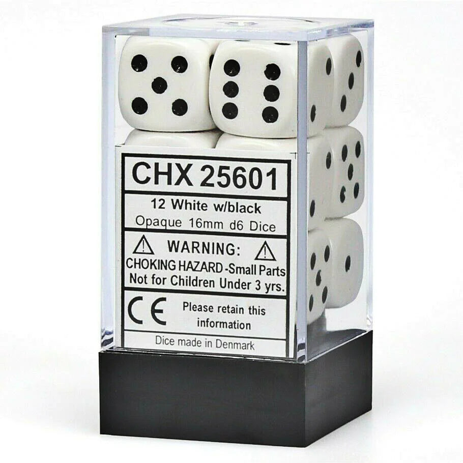 White with Black: Opaque 12d6 16mm Dice