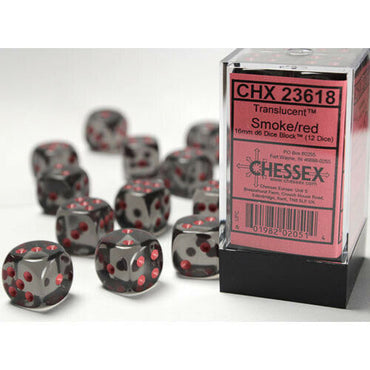 Chessex 16mm d6 Set: Translucent - Smoke w/Red (12)