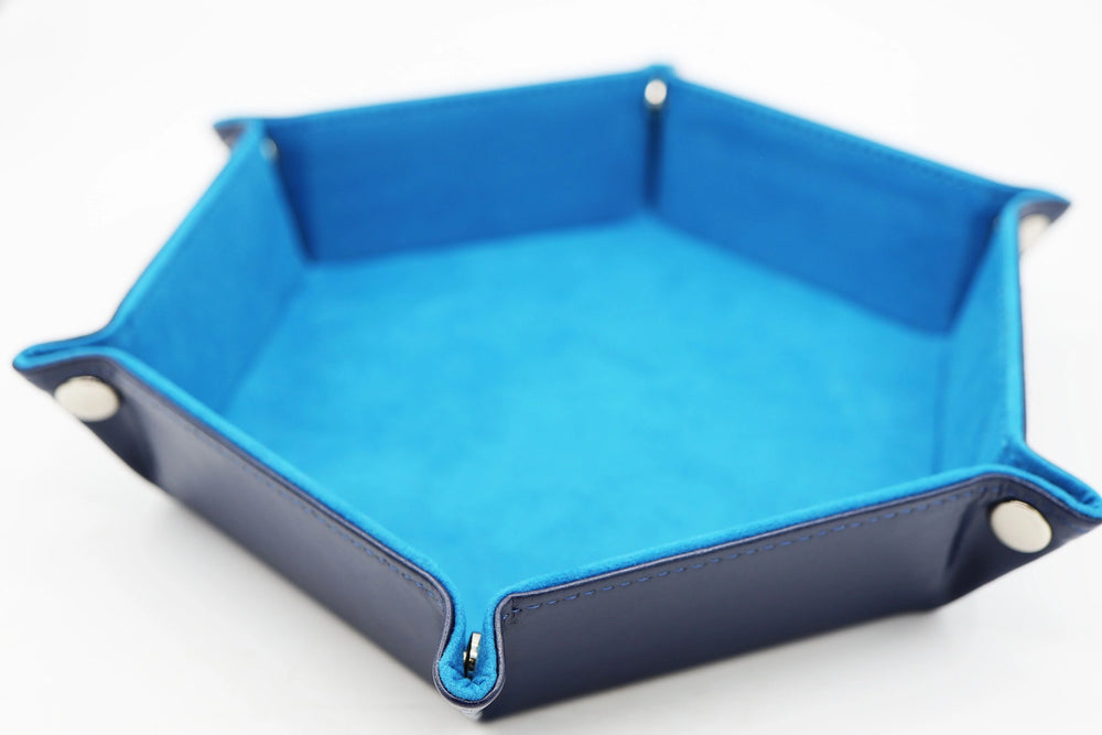 LEATHERETTE & VELVET HEX DICE TRAY (NAVY WITH TEAL)
